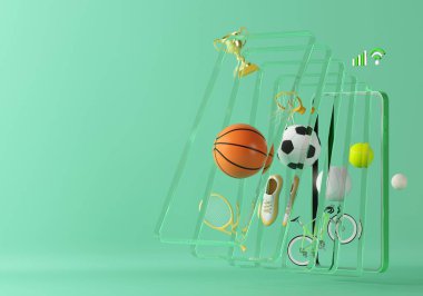 Spor, akıllı telefondan canlı yayında. Spor yarışması programı. oyun uygulaması. Beyaz ekran mobil. Spor çevrimiçi oyunu. golf voleybol tenis objesi. arkaplan kopyalama alanı. 3d oluşturma.