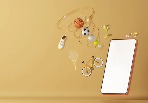 Spor, akıllı telefondan canlı yayında. Spor yarışması programı. oyun uygulaması. Beyaz ekran mobil. Spor çevrimiçi oyunu. golf voleybol tenis objesi. arkaplan kopyalama alanı. 3d oluşturma.