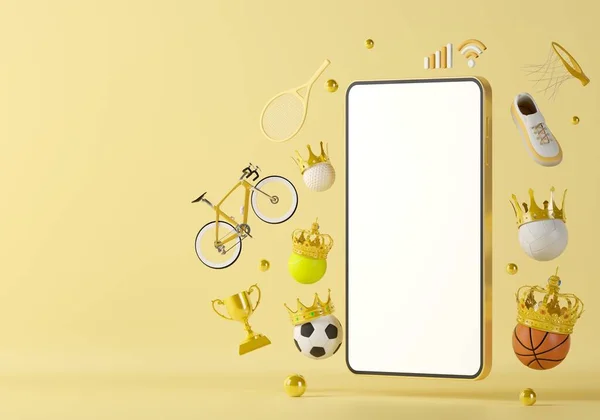 Spor, akıllı telefondan canlı yayında. Spor yarışması programı. oyun uygulaması. Beyaz ekran mobil. Spor çevrimiçi oyunu. golf voleybol tenis objesi. arkaplan kopyalama alanı. 3d oluşturma.