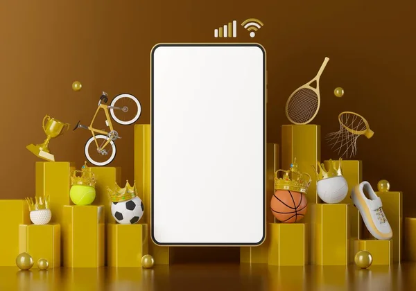 sport live online from a smartphone. sport competition program. game application. white screen mobile. sport online game. golf football volleyball tennis object. background copy space. 3d rendering.