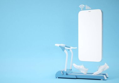 Akıllı telefonlardan eğitim alıyordum. Koşu bandı programı. Beyaz ekran saati. Spor sitesi. Ev egzersizi. Sağlık uygulaması eğitmeni. Fitness kursu. Koşu bandı konsepti. Kalp atış hızı takip cihazı. 3d oluşturma.