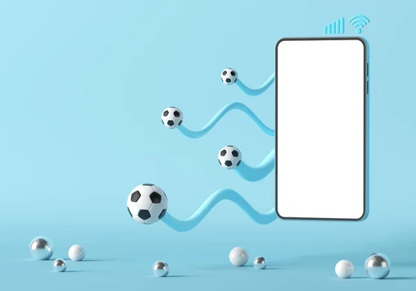 Futbol internette canlı yayında. Beyaz ekranlı akıllı telefon modeli. Spor yayın kanalı. Futbol topu objesi. Turnuva tasarımı. Futbol sporu online turnuvası. kopyalama alanı. 3d illüstrasyon.
