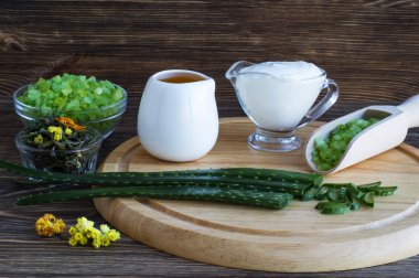 Doğal kozmetik malzemeler. Aloe vera, yağ, deniz tuzu, el yapımı