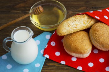 Ekmek, süt, bal üzerinde masa örtüsü 