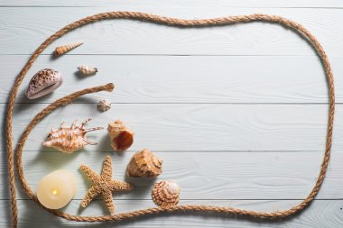 Deniz yıldızı, deniz kabukları ve deniz ip ile ahşap arka plan