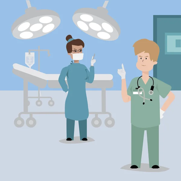 平面样式与内科医生和外科医生在医院背景中医学概念 — 图库矢量图片