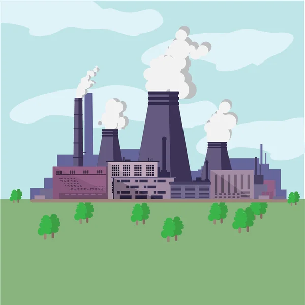 Hochgradig umweltverschmutzende Fabrikanlage mit Rauchtürmen und Pfeifen. Kohlendioxidemissionen. Umweltverschmutzung. — Stockvektor