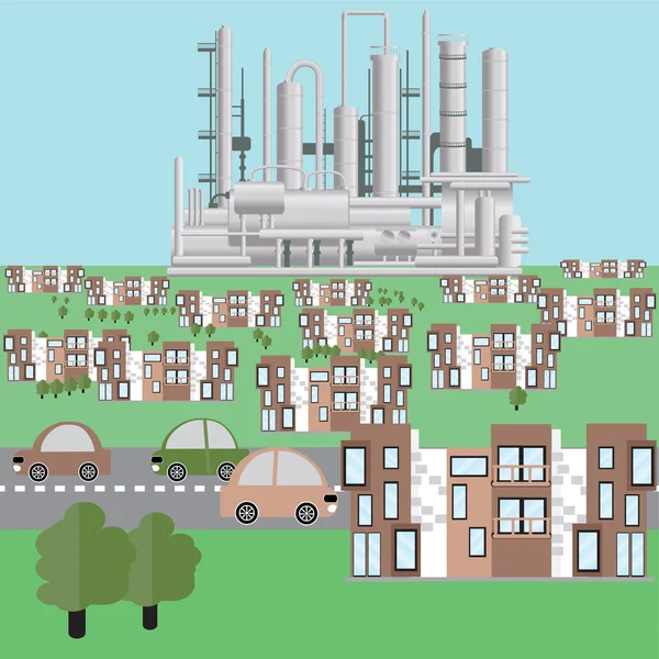 Planta de producción de petróleo, planta petroquímica, gran refinería de petróleo, fabricación con construcciones metálicas . — Vector de stock