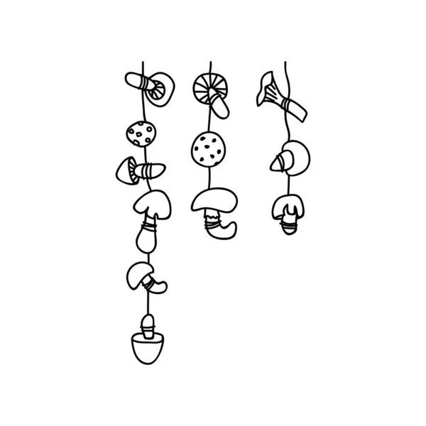 Handgezeichnete Girlanden Aus Pilzen Doodle Vektor Illustration Isoliert Auf Weißem — Stockvektor