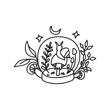 Tek elle çizilen salyangoz bir mantarın üzerinde oturur ve aya bakar. Doodle vektör çizimi. Beyaz arka planda izole edin. Goblincore baskısı.