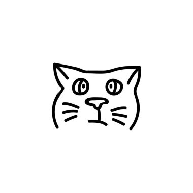 Tek el çizilmiş kedi kafası. Komik hayvan. Doodle vektör çizimi. Beyaz bir arkaplanda izole edilmiş.