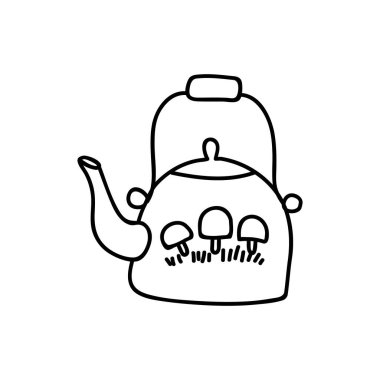 Tek el mantarlı çaydanlık. Doodle vektör çizimi. Beyaz bir arka planda izole edilmiş. Goblincore tarzı