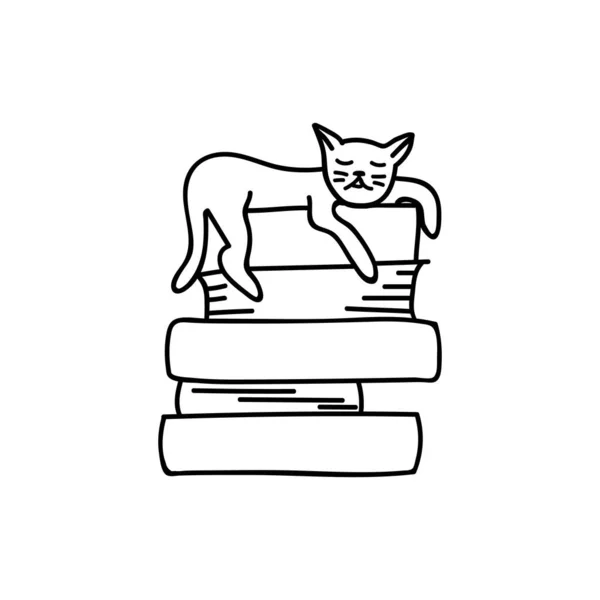 Одноручная Нарисованная Кошка Спит Книгах Дудл Векторная Иллюстрация Изолированный Белом — стоковый вектор