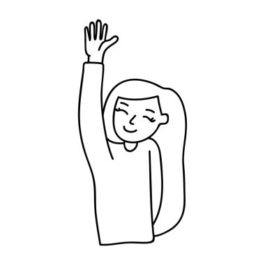 Tek el çizilmiş kız selamlaşmak için elini kaldırdı. Doodle vektör çizimi. Beyaz bir arkaplanda izole edilmiş.