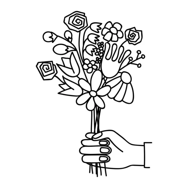 Χέρι Δίνει Ένα Μπουκέτο Λουλούδια Εικονογράφηση Doodle Διάνυσμα Απομονωμένα Λευκό — Διανυσματικό Αρχείο