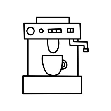 Bardaklı tek el çizilmiş kahve makinesi. Doodle vektör çizimi. Beyaz bir arkaplanda izole edilmiş.