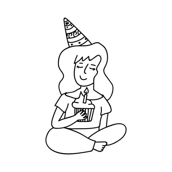 Single Hand Drawn Birthday Girl Doodle Vector Illustration Isolate White — Stock Vector