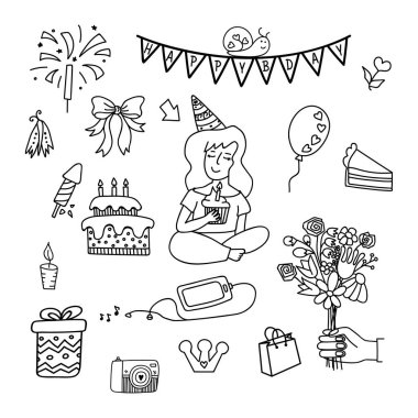 Doğum günü partisi seti. Doodle vektör çizimi. Beyaz bir arkaplanda izole edilmiş.