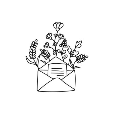 Çiçek ve yapraklarla süslenmiş tek elle çizilmiş bir zarf. Doodle vektör çizimi. Beyaz bir arkaplanda izole edilmiş.