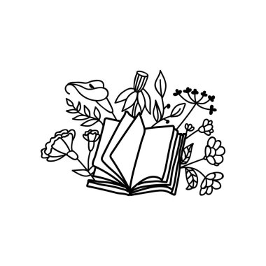 Çiçekler ve yapraklarla süslenmiş tek el çizilmiş bir kitap. Doodle vektör çizimi. Beyaz bir arkaplanda izole edilmiş.