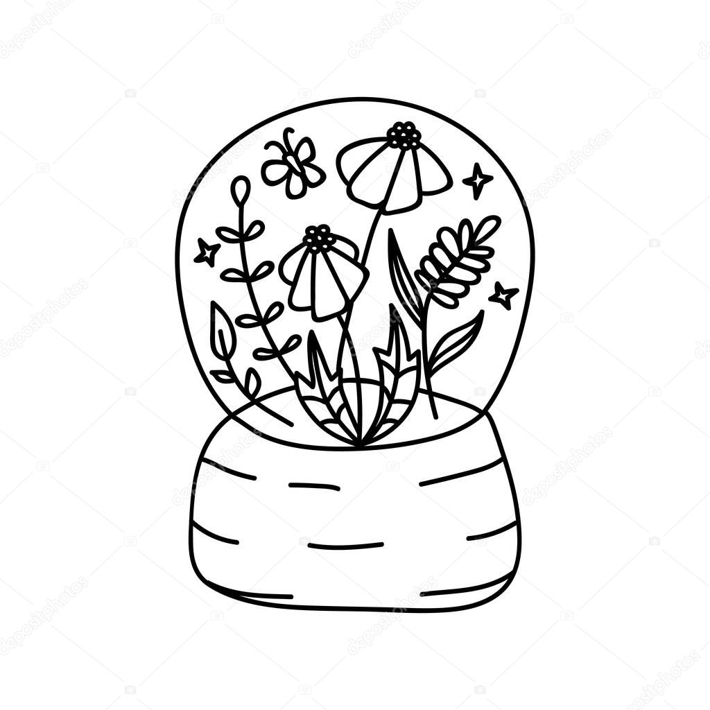 Single hand drawn snow globes decorated with flowers and leaves. Doodle vector illustration. Isolated on a white background.