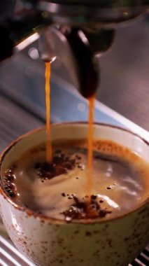 Krema dokusunu ve kabarcıklı yüzeyini gösteren taze ekspreso 'nun aşırı yakın çekimi. Sıcak sinematik ışıklandırma, profesyonel kahve ekipmanları. Dikey video.