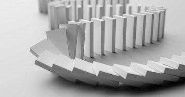 The Domino Effect: Bir Zincir Tepkimesi içinde Beyaz Dominoların Sarmal Sırasının Yakın Çekimi. 3d oluşturma