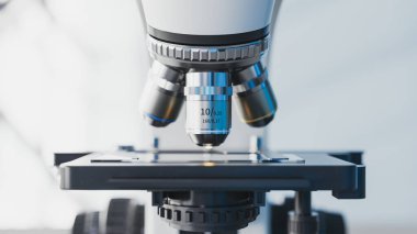 Mikroskop Objektif Mercekleri 'nin Parlak Tıbbi veya Bilim Laboratuvarındaki Kaydırağın Üzerine Konumlandırılmış Ön Görünümü. 3d oluşturma