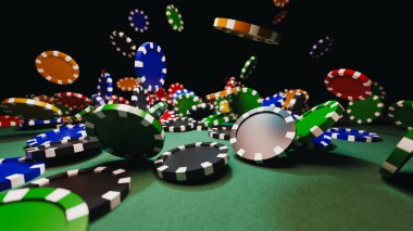 Dinamik Kumarhane Sahnesi: Siyah Arkaplanlı Yeşil Keçeli Masa 'ya Düşen Renkli Poker Çipleri. 3d oluşturma