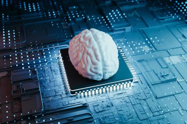 Mikroçip işlemcisinde nöromorfik yapay zeka kopyalama uzayı. 3d oluşturma