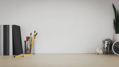 Ahşap masa çalışma alanı, kitaplar ve fil heykelcikleri fotokopi alanı. 3d oluşturma