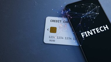 Kopya uzayı ile Fintech Smartphone Kredi Kartı Dijital Ödemesi. 3d oluşturma