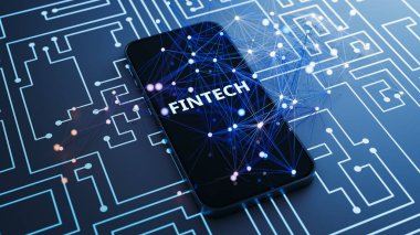 Fintech Smartphone Dijital Ağ Bağlantısı Teknolojisi. 3d oluşturma