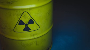 Kopya alanı olan sarı radyoaktif atık varili. 3d oluşturma