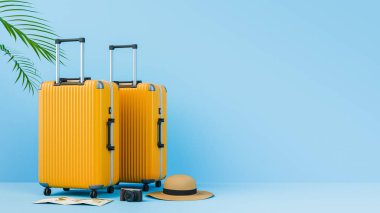 Sarı valizler seyahat aksesuarları mavi arka plan kopyalama alanı. 3d oluşturma