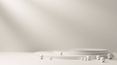 Yumuşak ışıkları olan zarif Yuvarlak MultiTier Podyumu Boşluğu Kopyalayın. 3d oluşturma