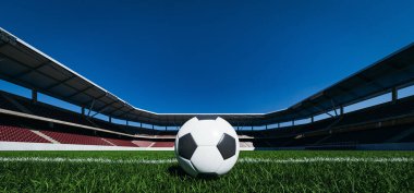 Mavi gökyüzü fotokopi alanının altındaki boş stadyumda futbol topu. 3d oluşturma