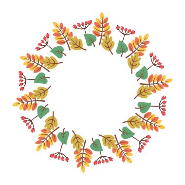Sonbahar çelengi. Düşen yapraklar ve böğürtlenlerin dairesel çerçevesi. Mevsimlik sınır beyaz arka planda izole edilmiş. Tebrik kartları, davetiyeler, posterler için vektör düz illüstrasyon