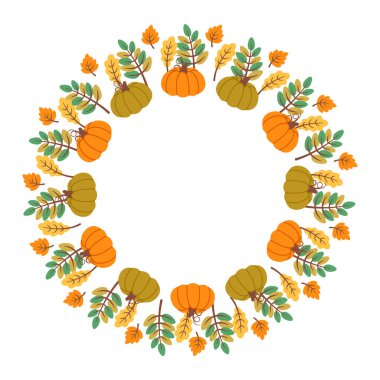 Balkabağı çelengi beyaz arka planda izole edilmiş. Sonbahar yeşilliği. Sonbahar tasarımı. Şükran Günü sınırı. Mevsimlik yapraklı dairesel çerçeve. Davetiyeler, etiketler, ambalajlar, kartlar için vektör illüstrasyonu