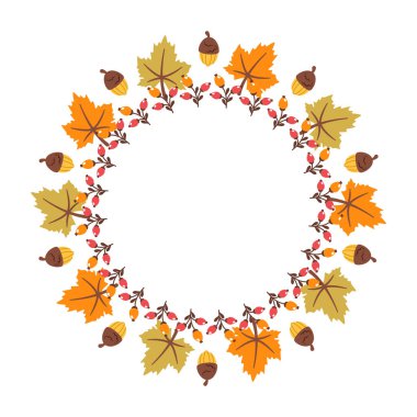 Autumn foliage wreath. Circular frame of fall leaves, acorns, berries. Seasonal round border isolated on white background. Vector  flat illustration for greeting cards, invitations, posters