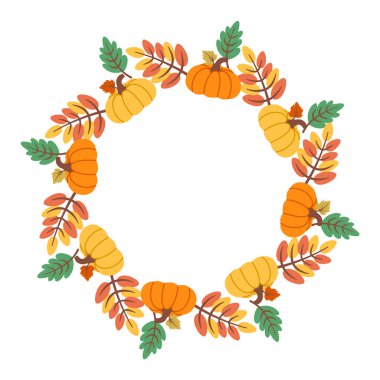 Balkabağı çelengi beyaz arka planda izole edilmiş. Sonbahar yeşilliği. Sonbahar tasarımı. Şükran Günü sınırı. Mevsimlik yapraklı dairesel çerçeve. Davetiyeler, etiketler, ambalajlar, kartlar için vektör illüstrasyonu