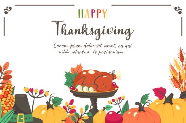 Thanksgiving banner. Holiday background with turkey, thanksgiving hat, harvest, wheat, corns. Thanksgiving invite template. Vector flat cartoon illustration for celebration, sale, advertising