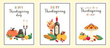 Thanksgiving invitation. Thanksgiving dinner template. Set of greeting  Thanksgiving cards with pie, harvest, wine, pumpkins, hat, antique  candles, corn. Vector cartoon illustration