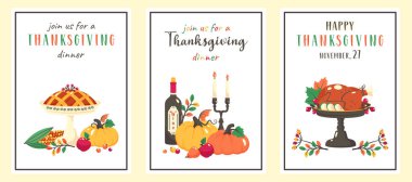 Şükran günü kartları. Şükran Günü yemeği şablonu. Balkabağı turtası, şarap, hindi, şapka, antika mumlar, hasat ve mısırlı Şükran Günü broşürleri. Vektör çizgi film illüstrasyonu