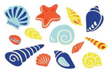 El çizimi deniz hayvanları vektörü ayarlandı. Deniz kabuğu elementleri. Kabuklu, deniz yıldızlı, yumuşakçalı karikatür deniz yaşamı koleksiyonu. Posterler, çocuk tasarımı, çıkartmalar ve markalar için sevimli okyanus unsurları