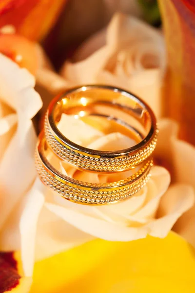 Wedding rings on flower yellow rose — Stock Photo, Image