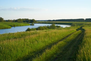 Göl ve tepeler ile yeşil çayır