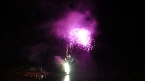 Show mit großem buntem Feuerwerk am dunklen Himmel — Stockvideo