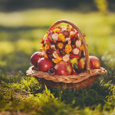 Renkli elma ve güzel çiçekler ile çim üzerinde duran sepeti 