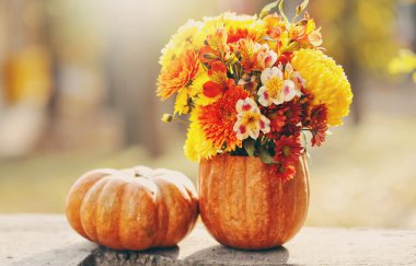 Bir balkabağı içinde parlak güneşli sonbahar buket